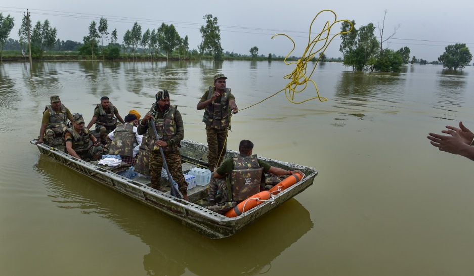 Army personnel during rescue and evacuation operation at a flood-affected village, in Kapurthala district, Punjab, Saturday, Aug. 30, 2025. (PTI Photo)