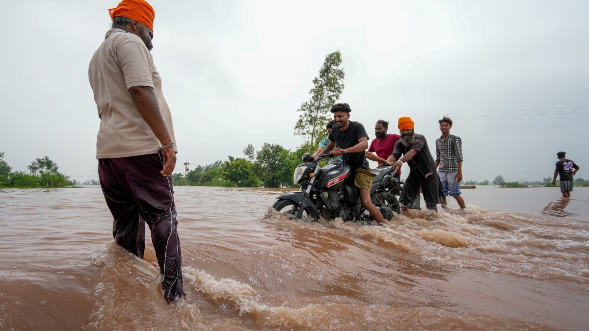 अजनाला के गांव में बाढ़ के पानी निकलते स्थानीय लोग. (photo: PTI)
