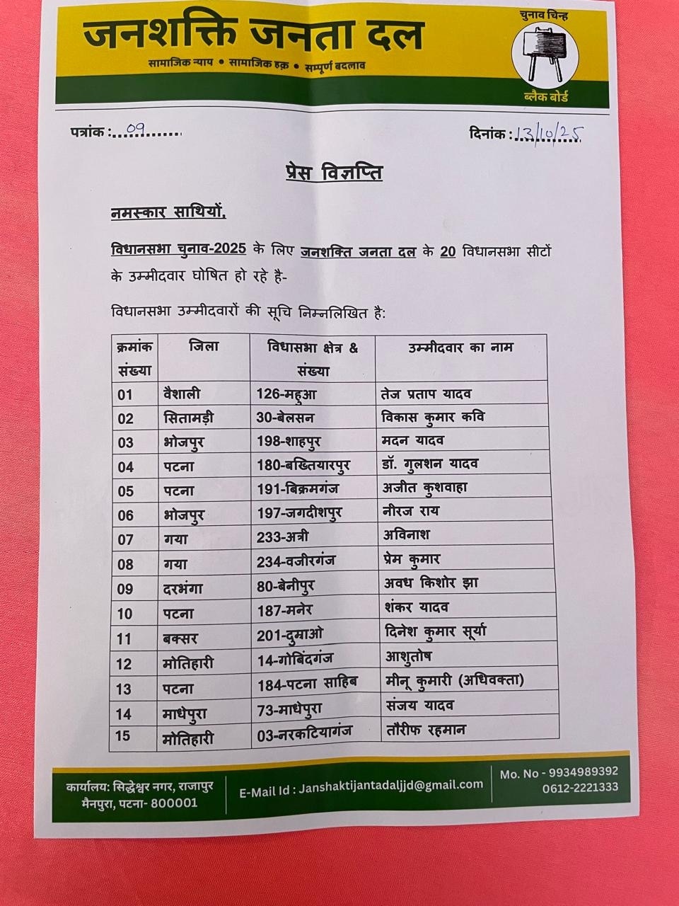 जनशक्ति जनता दल ने जारी की उम्मीदवारों की लिस्ट