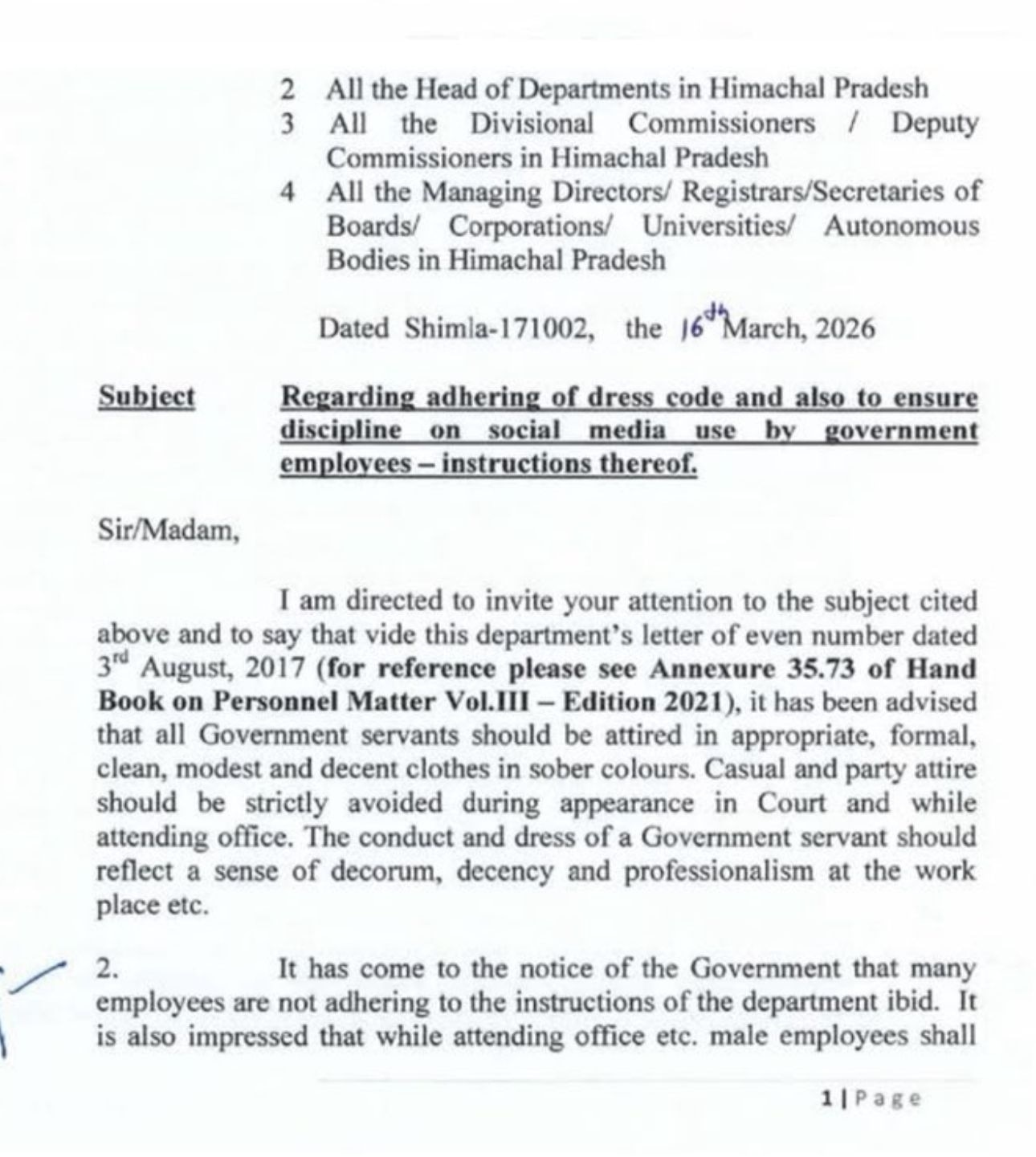 हिमाचल सरकार ने लागू किया नया ड्रेस कोड