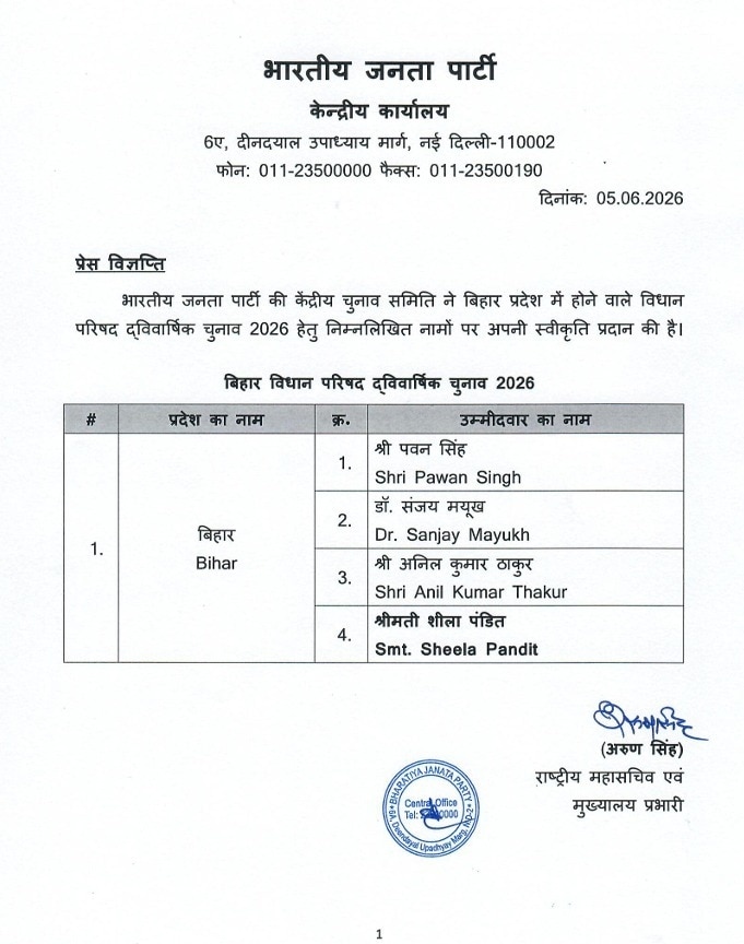 बीजेपी ने भी अपने चार उम्मीदवारों की सूची जारी की