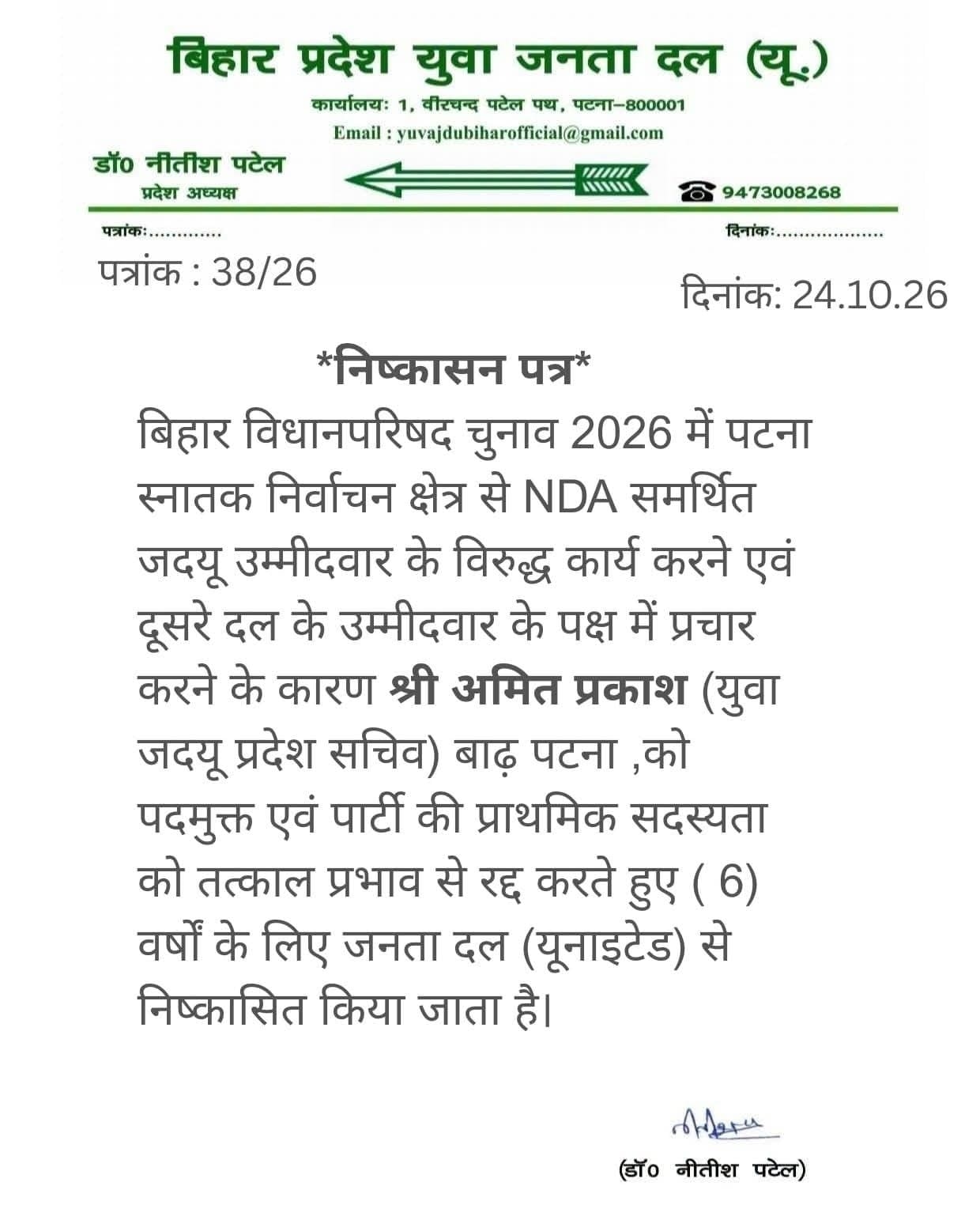 अमित प्रकाश के खिलाफ JDU की कार्रवाई