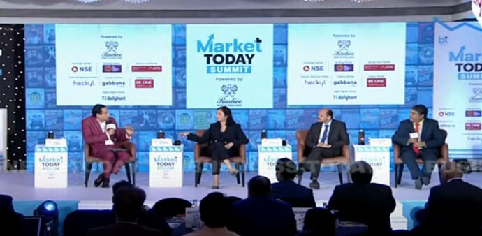 Market Today Summit: HSBC's Pranjul Bhandari, Citibank's Samiran Chakraborty and SBI's Soumya Kanti Ghosh (right) in a conversation with News Director of Aajtak & India Today & Executive Director of Business Today Rahul Kanwal. Market Today Summit: HSBC's Pranjul Bhandari, Citibank's Samiran Chakraborty and SBI's Soumya Kanti Ghosh (right) in a conversation with News Director of Aajtak & India Today & Executive Director of Business Today Rahul Kanwal.