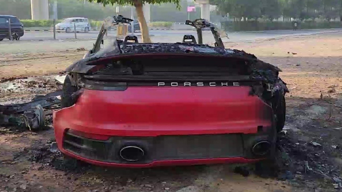 Watch: Speeding Porsche bursts into flames after colliding with a tree in Gurugram