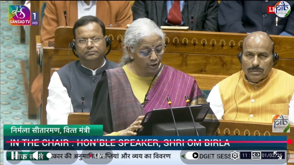 Budget 2026 LIVE: Nirmala Sitharaman tables Budget 2026-27 (Screengrab from YouTube)