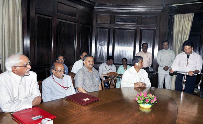 Sachin takes oath as Rajya Sabha MP