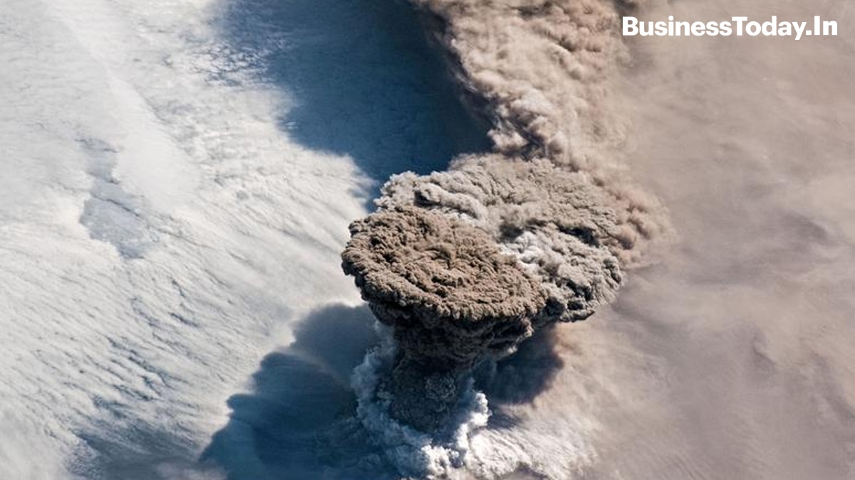 A large volcanic ash and gas plume rises above the Kuril Islands in the North Pacific Ocean after an unexpected series of eruptions from the Raikoke Volcano, as seen from the International Space Station.