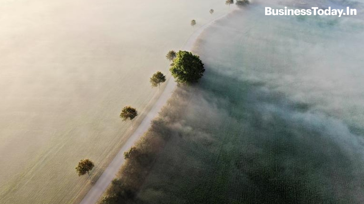 Fog surrounds a road in Kvaerndrup, on the island of Funen, Denmark.