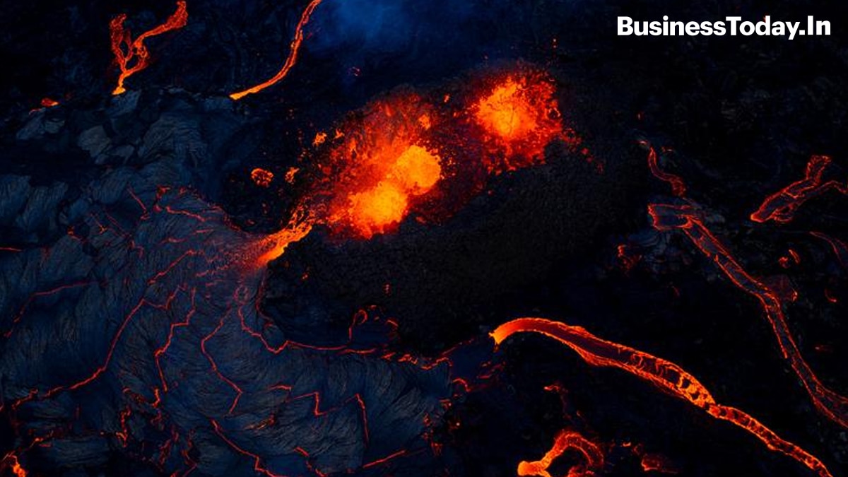 Lava oozes from a new fissure near Fagradalsfjall, Reykjanes Peninsula, Iceland.
