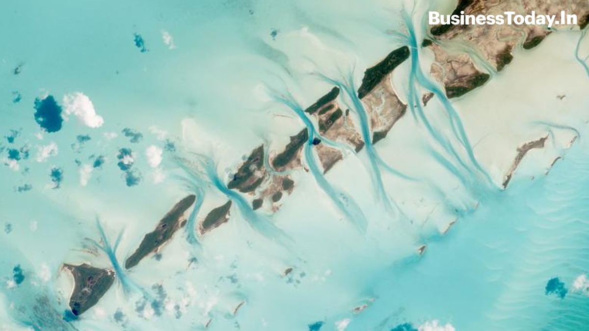 Small island cays and the prominent tidal channels cutting between them in the Bahamas in a photo taken from the International Space Station.