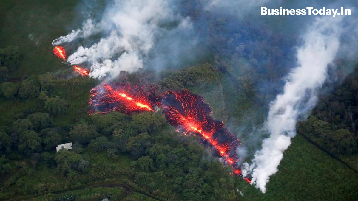 Lava erupts from a fissure east of the Leilani Estates subdivision during an eruption of the Kilauea Volcano in Hawaii.