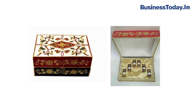 Itr bottles in a Zardozi box to France President Emmanuel Macron Itr bottles in a Zardozi box to France President Emmanuel Macron