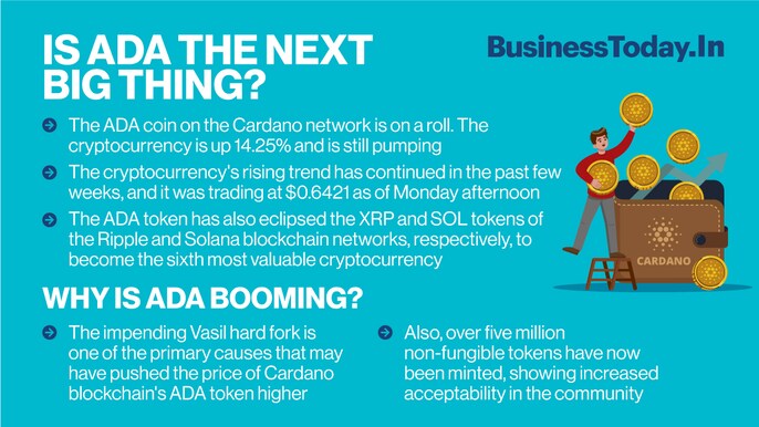 The ADA coin on the Cardano network is on a roll. The cryptocurrency is up 14.25 per cent and is still pumping. The cryptocurrency's rising trend has continued in the past few weeks, and it was trading at $0.6421 as of Monday afternoon. The ADA coin on the Cardano network is on a roll. The cryptocurrency is up 14.25 per cent and is still pumping. The cryptocurrency's rising trend has continued in the past few weeks, and it was trading at $0.6421 as of Monday afternoon.