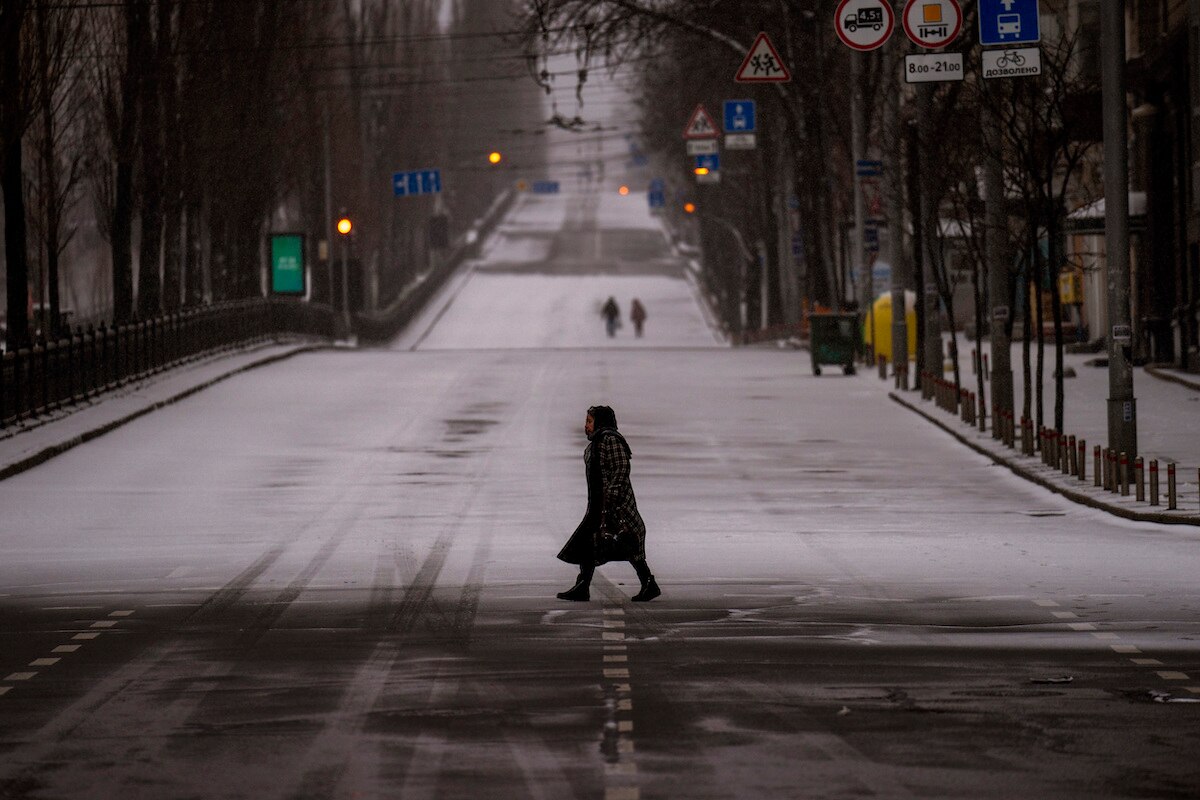 Roads are empty during curfew in Kyiv, Ukraine.