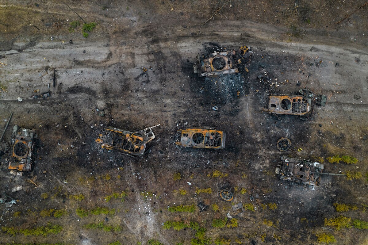 Destroyed Russian armored vehicles stand idle on the outskirts of Kyiv, Ukraine.