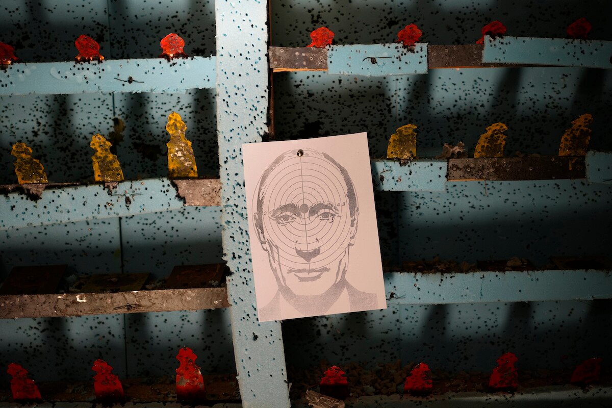 A picture of Russian President Vladimir Putin hangs at a target practice range in Lviv in western Ukraine.