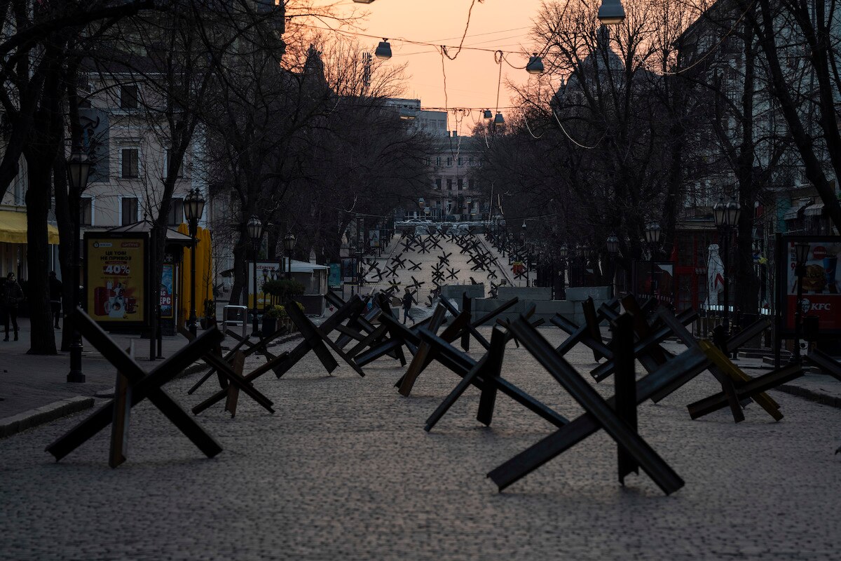 Anti-tank barricades block a street placed in preparation for a possible Russian offensive in Odesa, Ukraine.