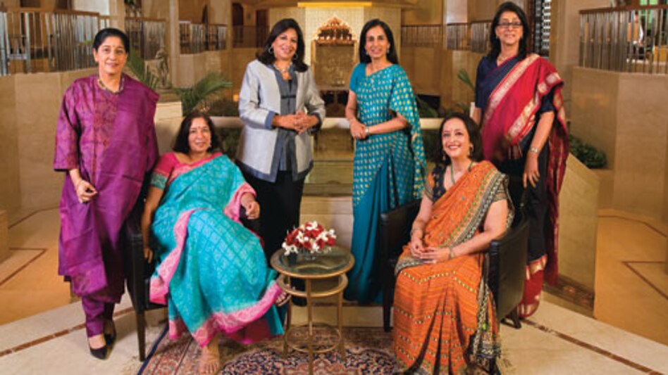 (L to R): (standing) TAFE's Mallika Srinivasan, Biocon's Kiran Mazumdar-Shaw, ICICI Bank's Chanda Kochhar, HSBC Country Head Naina Lal Kidwai; (seated) Axis Bank's Shikha Sharma and Piramal Healthcare's Swati Piramal. (L to R): (standing) TAFE's Mallika Srinivasan, Biocon's Kiran Mazumdar-Shaw, ICICI Bank's Chanda Kochhar, HSBC Country Head Naina Lal Kidwai; (seated) Axis Bank's Shikha Sharma and Piramal Healthcare's Swati Piramal.