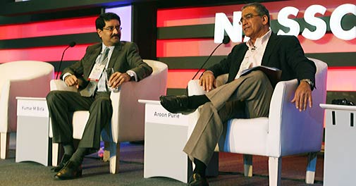 Kumar Mangalam Birla (left) and Aroon Purie at the Nasscom India Leadership Forum 2012 in Mumbai on February 14, 2012. <em>Photo: Bhaskar Paul/India Today</em>