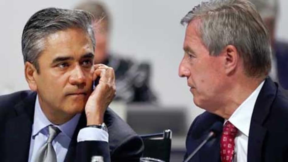 New co-CEOs of Deutsche Bank - Anshu Jain (L) and and Juergen Fitschen (R) - at the annual shareholder's meeting in Frankfurt on May 31, 2012. PHOTO: Associated Press New co-CEOs of Deutsche Bank - Anshu Jain (L) and and Juergen Fitschen (R) - at the annual shareholder's meeting in Frankfurt on May 31, 2012. PHOTO: Associated Press