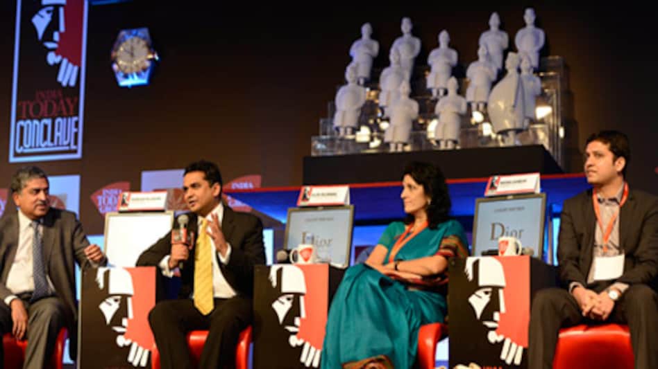 (From L-R) UID chairman Nandan Nilekani, Games2Win Co-founder & CEO Alok Kejriwal, Tutor Vista Promoter & Board Member Meena Ganesh and Flipkart Chief Operating Officer & Co-founder Binny Bansal at the India Today Conclave. (From L-R) UID chairman Nandan Nilekani, Games2Win Co-founder & CEO Alok Kejriwal, Tutor Vista Promoter & Board Member Meena Ganesh and Flipkart Chief Operating Officer & Co-founder Binny Bansal at the India Today Conclave.
