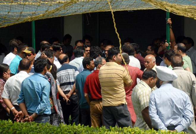   Flat buyers of Noida Extension talking to the media after a meeting over the news of the Allahabad High Court order to demolish the two towers of Supertechs Emerald Court in Sector 93A in Noida . Photo: PTI