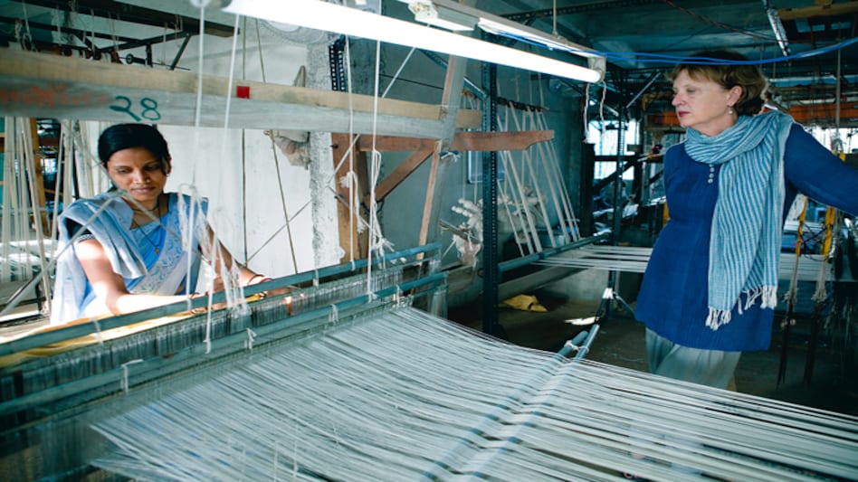 Sally Holkar, who works with women handloom weavers, at her centre in Maheshwar, Madhya Pradesh (Photo:Womenweave.org) Sally Holkar, who works with women handloom weavers, at her centre in Maheshwar, Madhya Pradesh (Photo:Womenweave.org)