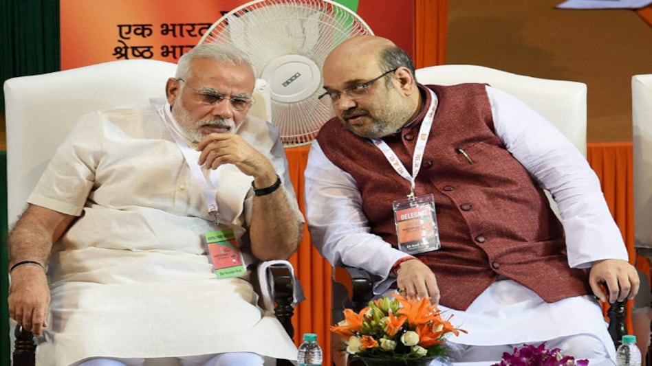 Prime Minister Narendra Modi and BJP President Amit Shah at the partys National Council meet in New Delhi on Saturday. Photo: PTI Prime Minister Narendra Modi and BJP President Amit Shah at the partys National Council meet in New Delhi on Saturday. Photo: PTI