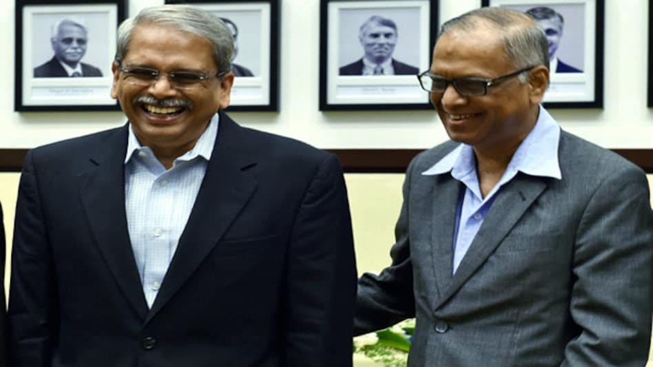 Infosys Founders Kris Gopalakrishnan and N R Narayanmurthy at the farewell event in Infosys headquarters in Bengaluru on Wednesday. PTI Photo by Shailendra Bhojak. Infosys Founders Kris Gopalakrishnan and N R Narayanmurthy at the farewell event in Infosys headquarters in Bengaluru on Wednesday. PTI Photo by Shailendra Bhojak.