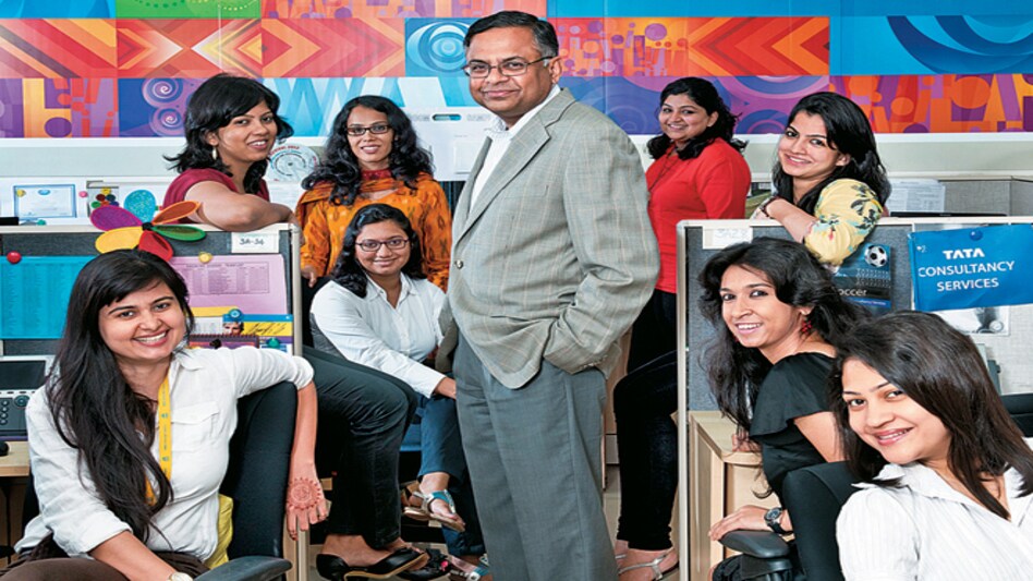 Set for a long haul: TCS CEO N. Chandrasekaran with women employees. (Photos: Rachit Goswami) Set for a long haul: TCS CEO N. Chandrasekaran with women employees. (Photos: Rachit Goswami)