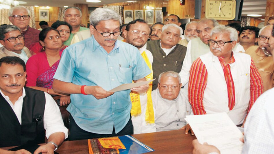 Defence Minister Manohar Parrikar files Rajya Sabha nomination papers at Vidhan Sabha Bhawan in Lucknow on Monday as BJP leaders look on. Defence Minister Manohar Parrikar files Rajya Sabha nomination papers at Vidhan Sabha Bhawan in Lucknow on Monday as BJP leaders look on.