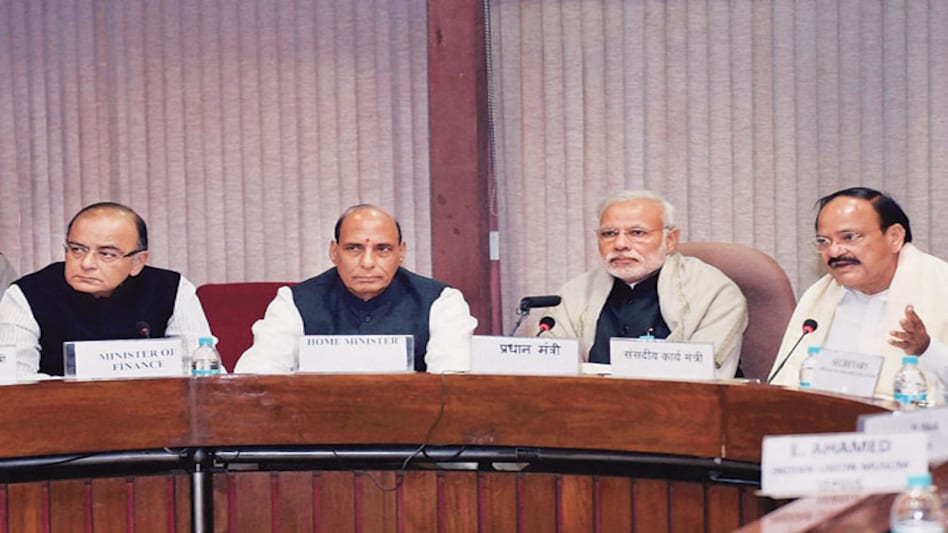 (From left) Union finance minister Arun Jaitley, home minister Rajnath Singh, Prime Minister Narendra Modi and parliamentary affairs minister M. Venkaiah Naidu during an all-party meeting in New Delhi on Sunday. (From left) Union finance minister Arun Jaitley, home minister Rajnath Singh, Prime Minister Narendra Modi and parliamentary affairs minister M. Venkaiah Naidu during an all-party meeting in New Delhi on Sunday.