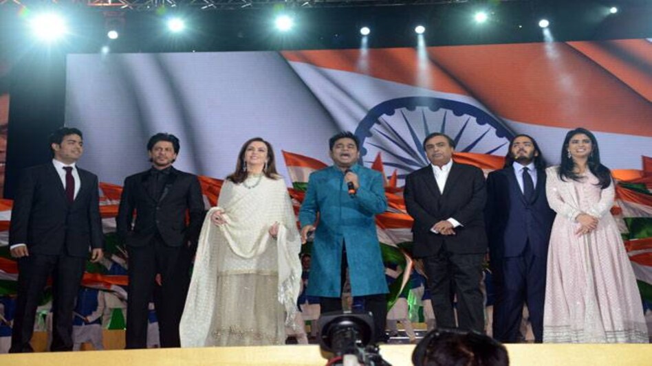 From left: Akash Ambani son of Mukesh Ambani, Bollywood actor Shah Rukh Khan, Nita Ambani , wife of Mukesh Ambani, Music director AR Rahman, RIL chairman Mukesh Ambani, Mukesh's son Anant Ambani and Mukesh's daughter Isha Ambani at the event. From left: Akash Ambani son of Mukesh Ambani, Bollywood actor Shah Rukh Khan, Nita Ambani , wife of Mukesh Ambani, Music director AR Rahman, RIL chairman Mukesh Ambani, Mukesh's son Anant Ambani and Mukesh's daughter Isha Ambani at the event.