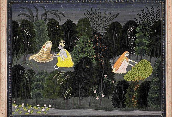 The Khosrovani-Diba collection, London, October 19, 2016 Radha consoled by Krishna in a forest at night, an illustration from the Lambagraon Gita Govinda series, attributed to Purkhu, Kangra, circa 1820 (Estimate: £50,000-80,000) The Khosrovani-Diba collection, London, October 19, 2016 Radha consoled by Krishna in a forest at night, an illustration from the Lambagraon Gita Govinda series, attributed to Purkhu, Kangra, circa 1820 (Estimate: £50,000-80,000)