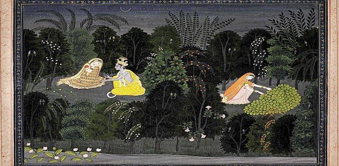 The Khosrovani-Diba collection, London, October 19, 2016 Radha consoled by Krishna in a forest at night, an illustration from the Lambagraon Gita Govinda series, attributed to Purkhu, Kangra, circa 1820 (Estimate: £50,000-80,000) The Khosrovani-Diba collection, London, October 19, 2016 Radha consoled by Krishna in a forest at night, an illustration from the Lambagraon Gita Govinda series, attributed to Purkhu, Kangra, circa 1820 (Estimate: £50,000-80,000)