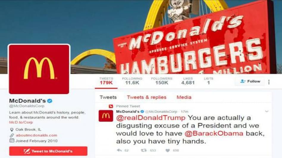 McDonald's deletes controversial tweet over Donald Trump, says Twitter account compromised McDonald's deletes controversial tweet over Donald Trump, says Twitter account compromised
