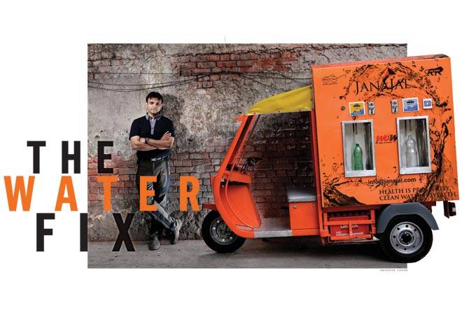 Parag Agarwal, co-founder of JanaJal, in front of the mobile kiosk called Water-on-Wheels. Photo: Shekhar Ghosh Parag Agarwal, co-founder of JanaJal, in front of the mobile kiosk called Water-on-Wheels. Photo: Shekhar Ghosh