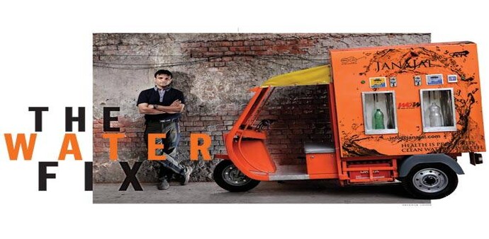 Parag Agarwal, co-founder of JanaJal, in front of the mobile kiosk called Water-on-Wheels. Photo: Shekhar Ghosh Parag Agarwal, co-founder of JanaJal, in front of the mobile kiosk called Water-on-Wheels. Photo: Shekhar Ghosh