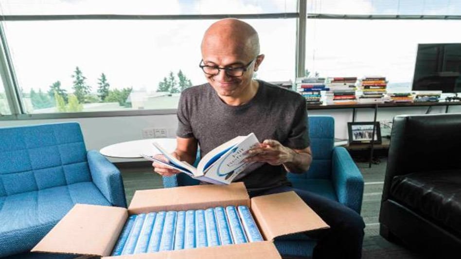 Microsoft CEO Satya Nadella with copies of his new book 'Hit Refresh'. Image: LinkedIn Microsoft CEO Satya Nadella with copies of his new book 'Hit Refresh'. Image: LinkedIn