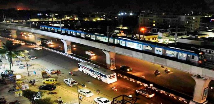 A Metro train of Hyderabad Metro Rail project during a trial run. Image: PTI A Metro train of Hyderabad Metro Rail project during a trial run. Image: PTI