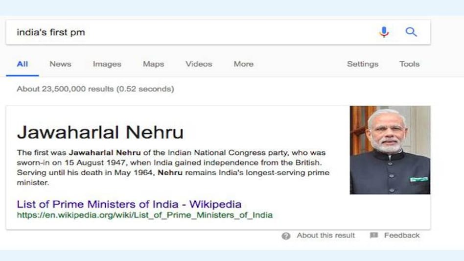Google shows Narendra Modi as India's first PM, Congress cries foul Google shows Narendra Modi as India's first PM, Congress cries foul