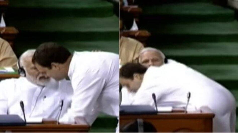 Jaadu Ki Jhappi! Rahul Gandhi walks up to PM Modi and gives him a hug in parliament Jaadu Ki Jhappi! Rahul Gandhi walks up to PM Modi and gives him a hug in parliament