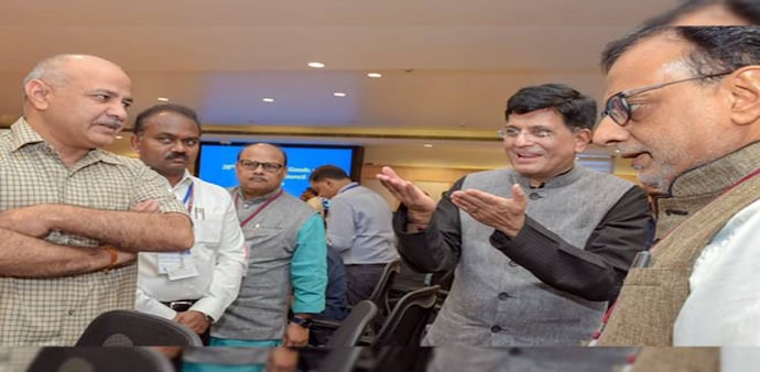 Interim Union Finance Minister Piyush Goyal (C), Delhi's Finance Minister Manish Sisodia (L) and Finance Secretary Hasmukh Adhia (R) before the 28th GST Council Meeting at Vigyan Bhawan. Image: PTI Interim Union Finance Minister Piyush Goyal (C), Delhi's Finance Minister Manish Sisodia (L) and Finance Secretary Hasmukh Adhia (R) before the 28th GST Council Meeting at Vigyan Bhawan. Image: PTI