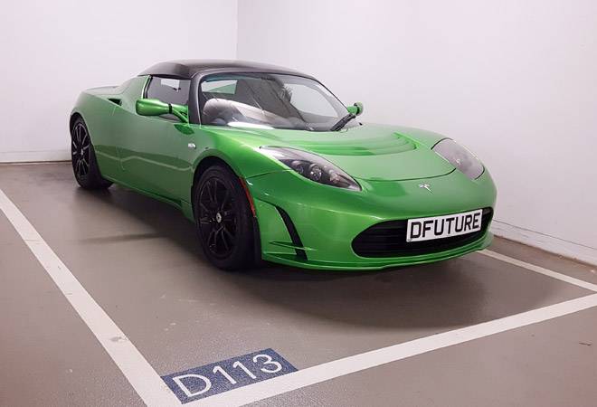 A Tesla electric car is parked at Science Park in Hong Kong, China