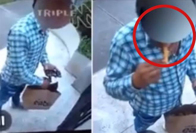 Caught on Video! UberEats delivery boy nibbles on food he had to deliver