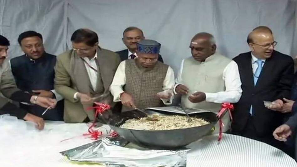 Minister of State for Finance Shiv Pratap Shukla, Secretary DEA Subash Garg and MoS Road Transport and Highways Pon Radhakrishnan attending the Halwa Ceremony on Monday. ANI Minister of State for Finance Shiv Pratap Shukla, Secretary DEA Subash Garg and MoS Road Transport and Highways Pon Radhakrishnan attending the Halwa Ceremony on Monday. ANI