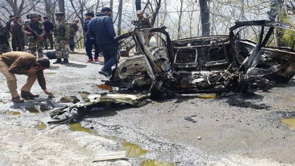 Visuals from Banihal, Ramban where a car rammed into a bus carrying CRPF personnel on Jammu-Srinagar Highway on Saturday / Image: ANI Visuals from Banihal, Ramban where a car rammed into a bus carrying CRPF personnel on Jammu-Srinagar Highway on Saturday / Image: ANI
