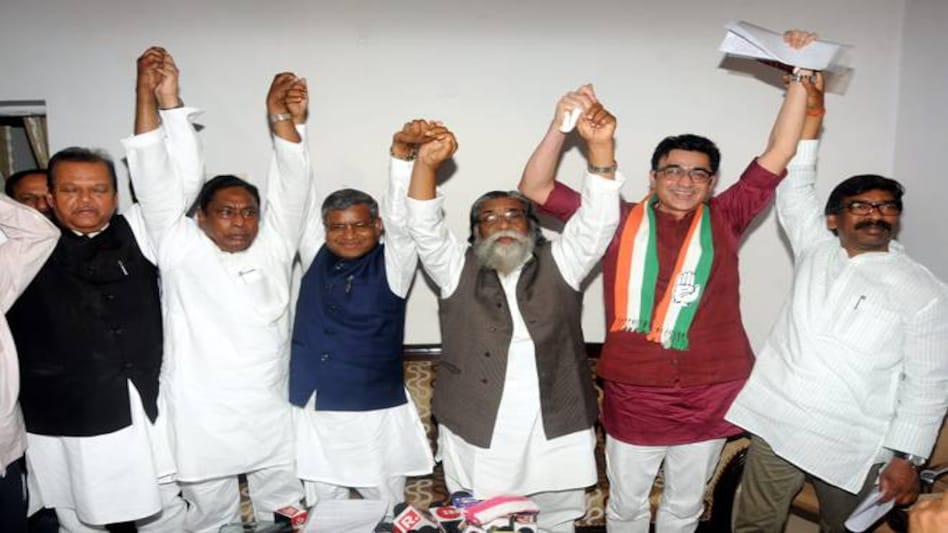A picture of JMM, JVM and Congress leaders agter the formation of grand alliance in Jharkhand for the Lok Sabha election. (Photo: @INCJharkhand) A picture of JMM, JVM and Congress leaders agter the formation of grand alliance in Jharkhand for the Lok Sabha election. (Photo: @INCJharkhand)