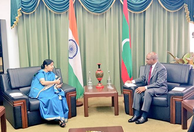(From Left) External Affairs Minister SushmaSwaraj & Foreign Minister Abdulla Shahid (From Left) External Affairs Minister SushmaSwaraj & Foreign Minister Abdulla Shahid