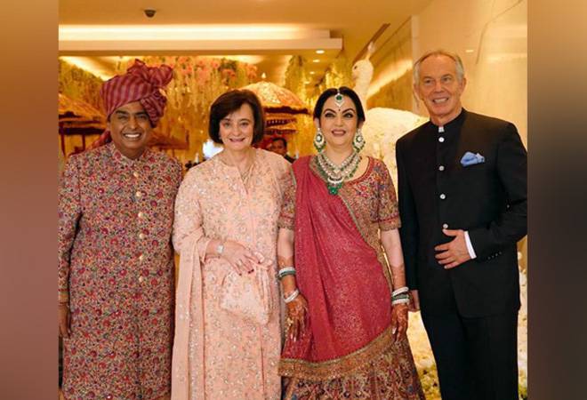 Former UK Prime Minister Tony Blair and wife Cherie reach Jio World Centre to bless Akash Ambani and Shloka Mehta. Former UK Prime Minister Tony Blair and wife Cherie reach Jio World Centre to bless Akash Ambani and Shloka Mehta.